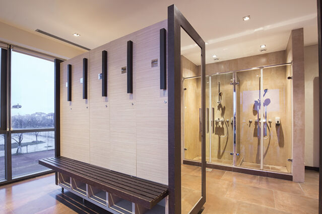 A public shower room with hot and cold water