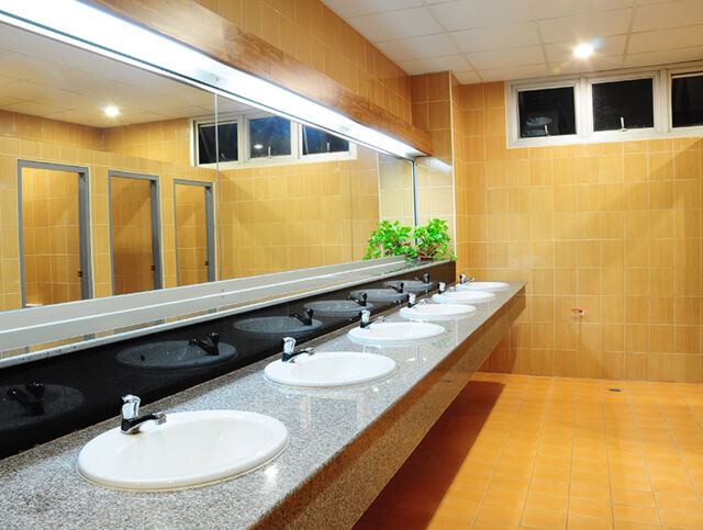 A public restroom, displaying some of AES's Sanitaryware solutions